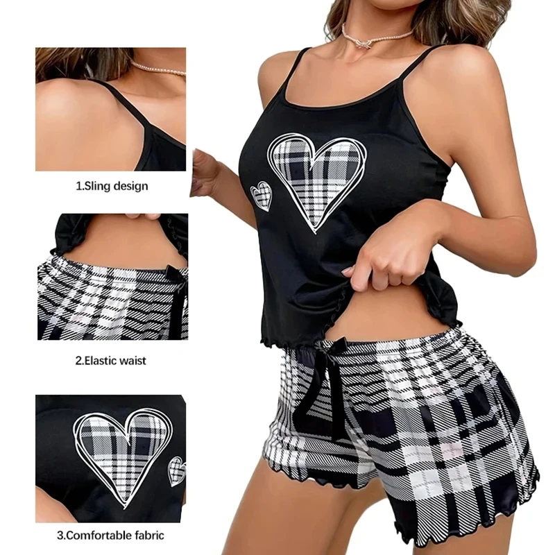 Sexy Nightwear Women's Suspenders Top Plaid Pants Fashion Sleepwear Homewear Two-Piece Set Ladies Pajamas Love Print Loungewear image 6