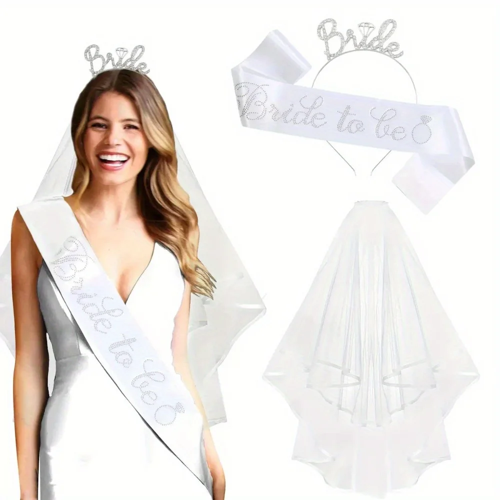 

3 Pcs White Bachelorette Party Decorations Bridal Shower Crown Bride to Be Sash&Veil for Women Bachelorette Party Gifts
