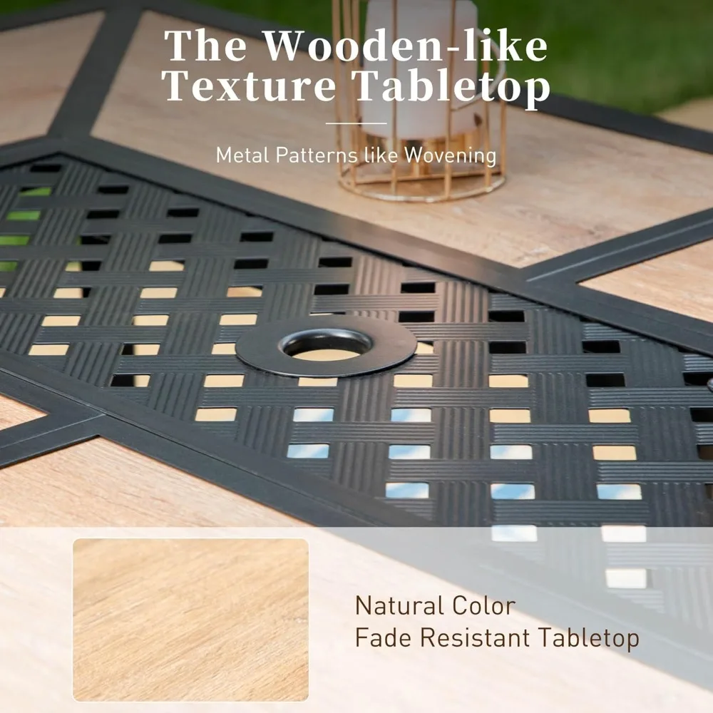 طاولة طعام مستطيلة الشكل بلون خشب الساج تتسع لـ 6 أشخاص مع فتحة مظلة، وأثاث خارجي بإطار فولاذي متين