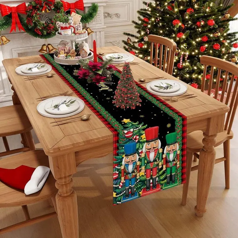 VIKAMA Xmas Nutcracker Soldier Table Runner Buffalo Plaid Christmas Tree Pattern Table Cover Home Dining Decoration