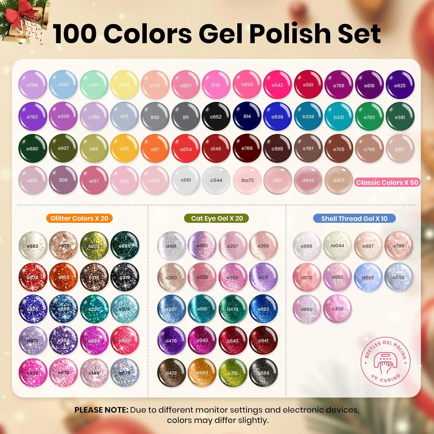 ชุดยาทาเล็บเจล 100 สี พร้อมเบสโค้ทและท็อปโค้ท  แบบกลิตเตอร์ แมท และแบบเงา สำหรับเป็นของขวัญคริสต์มาสและงานศิลปะตกแต่งเล็บ DIY