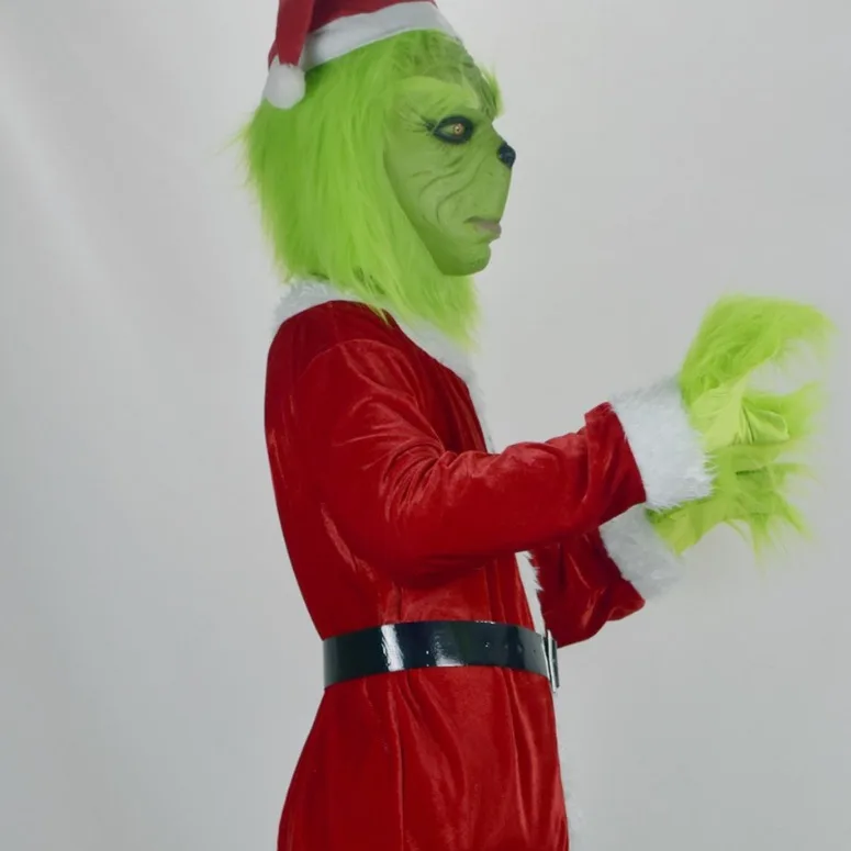 Costume de Cosplay Grinch pour Homme et Femme, Tenue Verte, Chapeau d'Halloween, Masque, Ceinture, Carnaval