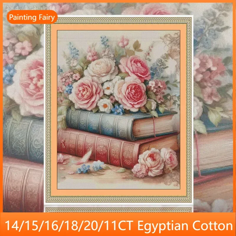 [ZZ5387-Floral Book Rhyme] Cross Stitch Needlework Kit 14CT 16CT, Cotton Thread Set, Printed Fabric for Hand Stitching