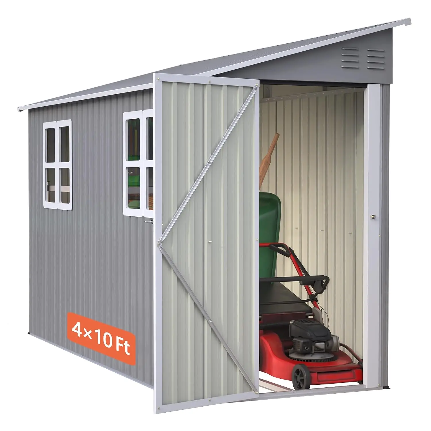 4x10 Ft Outdoor Heavy-Duty Metal Lean to Shed with Floor & 2 Windows for Tools, Bikes, Patio, Left/Right Door, Customized