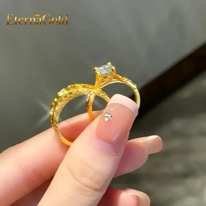 EternaGold 9999 genuine  24K pure  high-end Eiffel Tower couple ring  ring adjustable men's and women's  jewelry