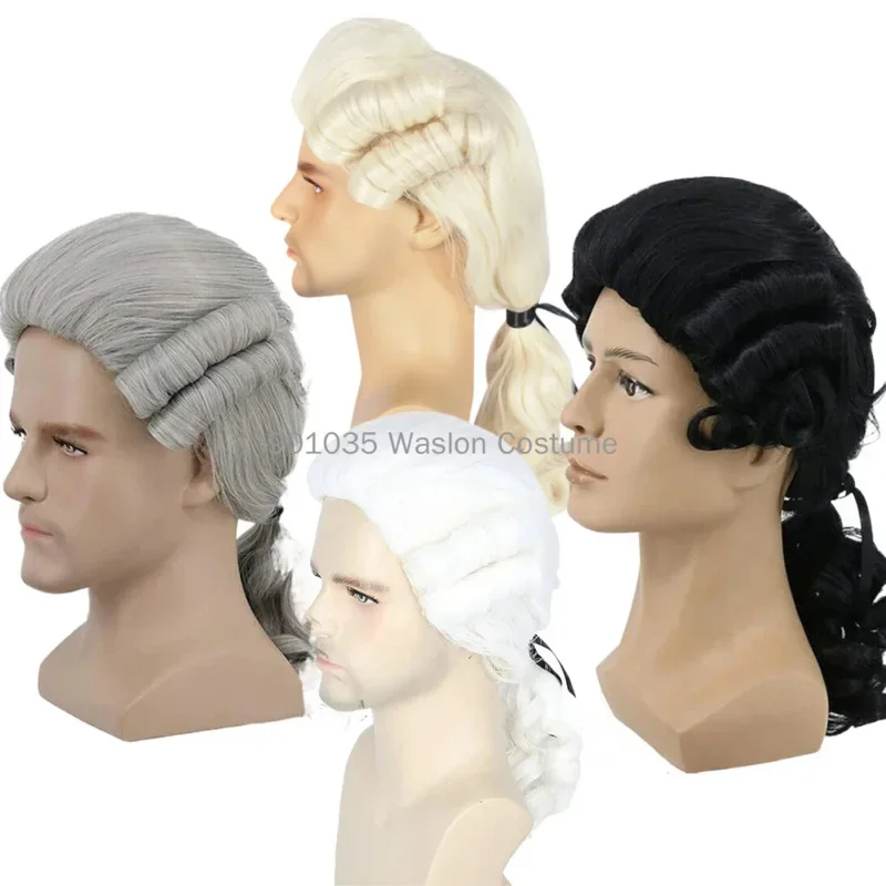

Grey White Black Lawyer Judge Baroque Curly Male Wigs Deluxe Historical Long Synthetic Cosplay Wig For Halloween Wig Cap