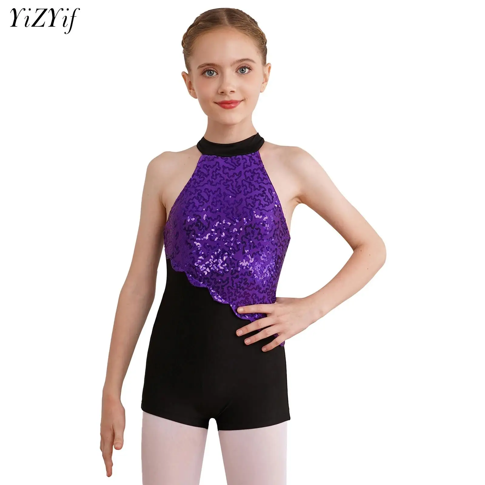 

Kids Gilrs Jazz Latin Ballet Dance Suit Rhythmic Leotard Strappy Back Sleeveless Bodysuit Jumpsuit Gymnastics Glittery Sequins