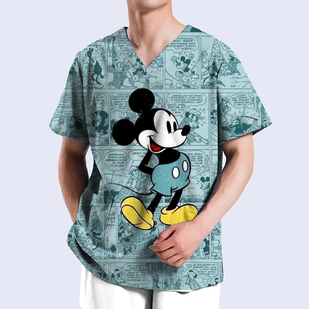 Homens Disney Mickey Mouse Print Enfermeira Uniformes, V-Neck Tops de Trabalho, Uniforme de Bolso, Hospital Enfermagem Vestuário, Clinico