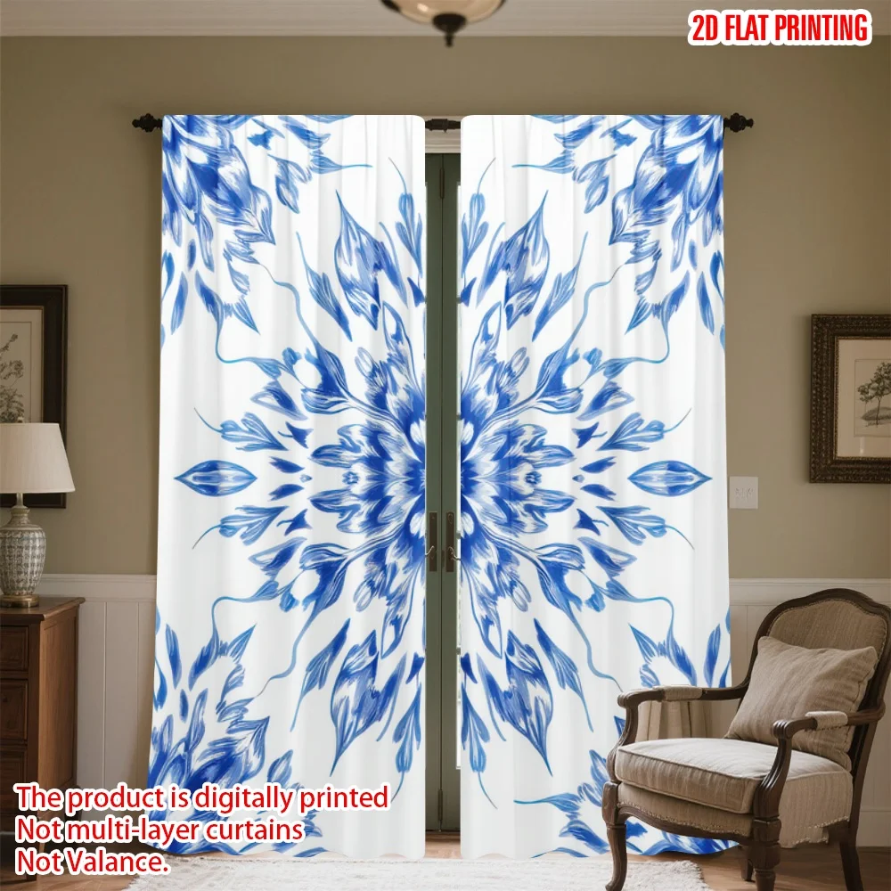 

2D flat printing 2pcs Window Treatment Curtains Blue Floral Digital Printed Polyester Drapes Festive Wall Decor Use for Indoor