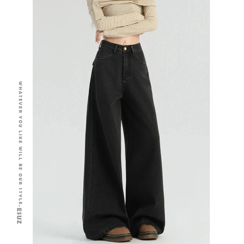 جينز Y2k نسائي واسع الساق فضفاض مستقيم من قماش الدنيم بنطلون فضفاض عتيق مغسول عالي الخصر نمط الشارع غير رسمي قيعان مضيئة