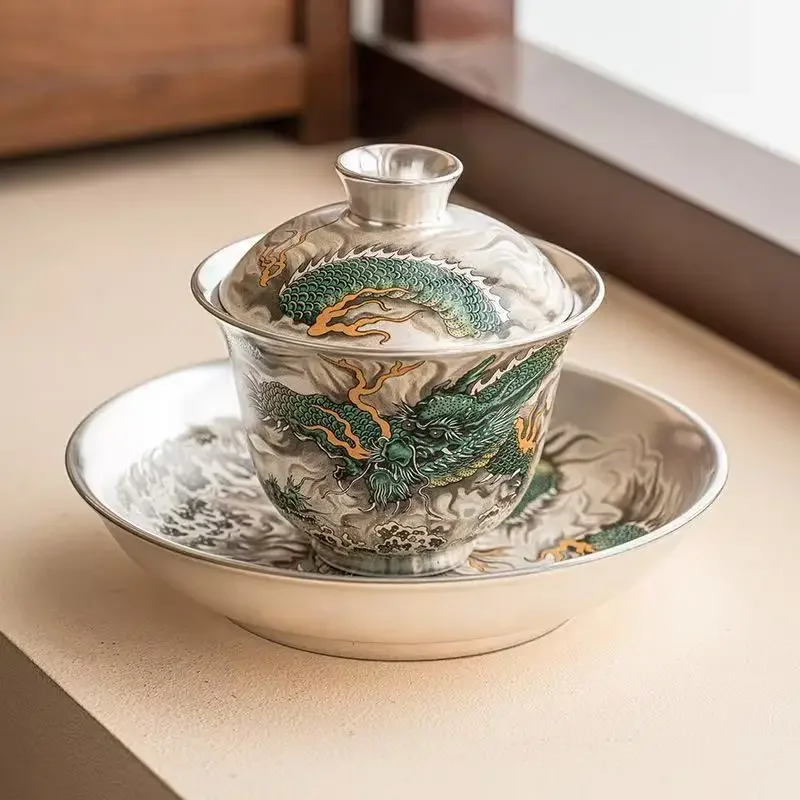 Qinglong Hand-painted Silver Sancai Cover Bowl Household Chinese Kung Fu 1Bowl 2Cup Teaset High-end Tea Bowl Gift Box for Friend
