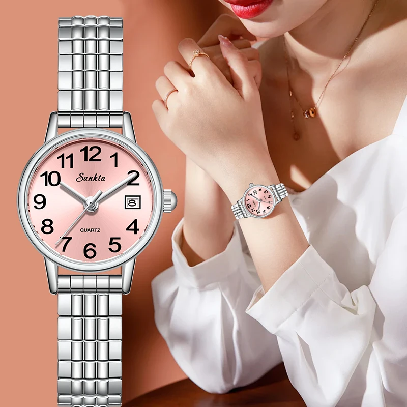 Sunkta Elegant Watches for Woman Small Dial Fashion Date Steel Quartz Women's Waterproof Wristwatch Ladies Bracelet Reloj Mujer