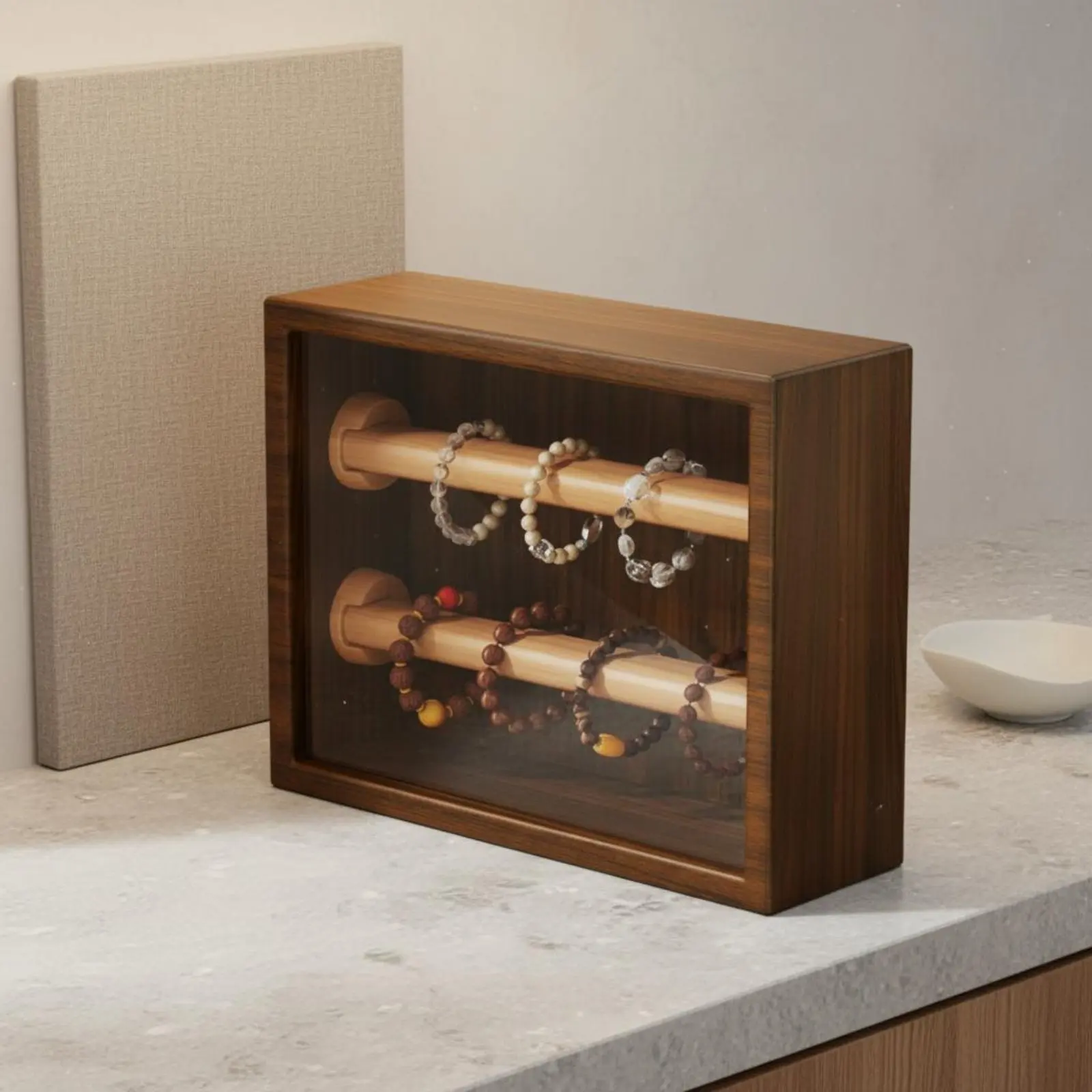 

Acrylic Front Jewelry Box Wood Grain Finish 2-Tier Bracelet Display Box Stackable Bracelet Holder Clear View Window for Bedroom