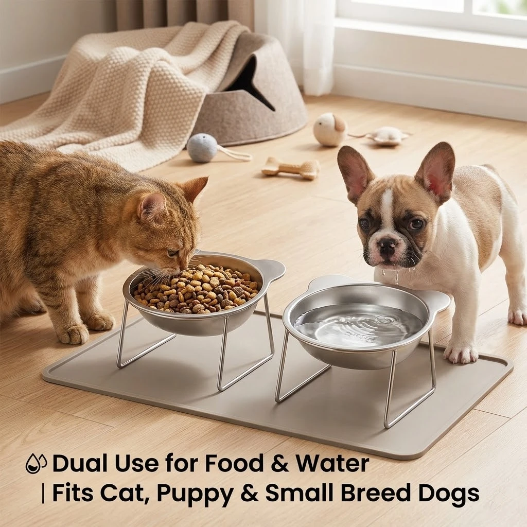 Elevated 304 Stainless Steel Cat Bowl 15° Tilt Neck Protection Feeder Anti-Slip Stand Pet Food Water Bowl For Kitten Small Dogs