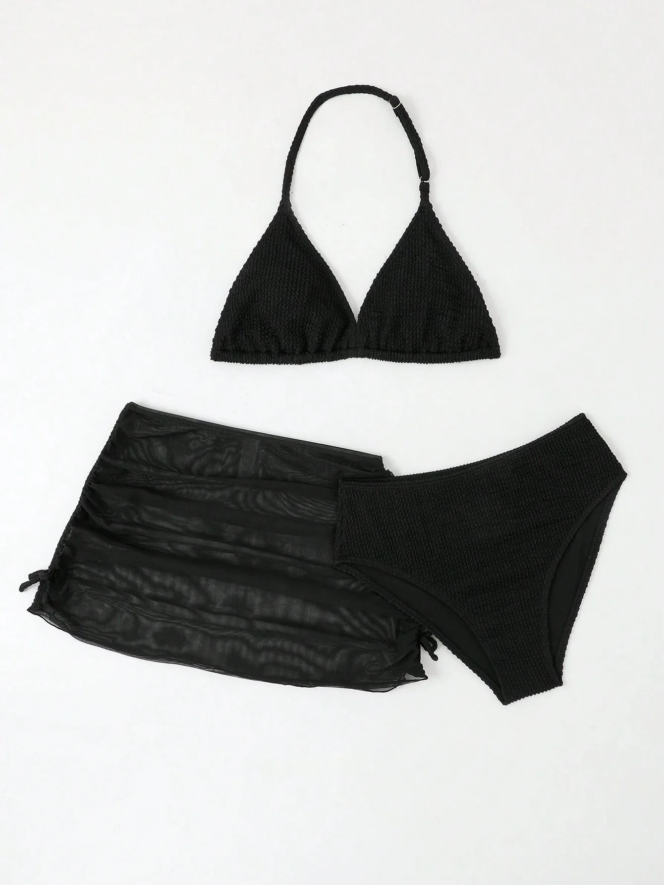 

Black Textured Triangle Halter Bikini With Sheer Mesh Cover-Up Skirt For Teen Girls Beachwear