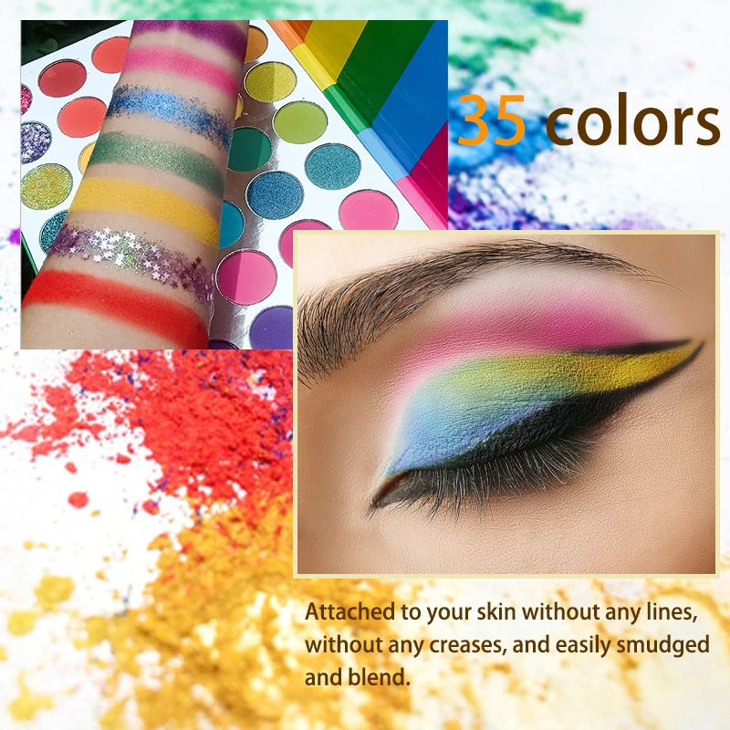 35-Farben-Regenbogen-Lidschatten-Palette, matt, schimmernde Oberflächen, hoch, mischbares, langanhaltendes Augen-Make-up, lebendige Farbtöne für Partys