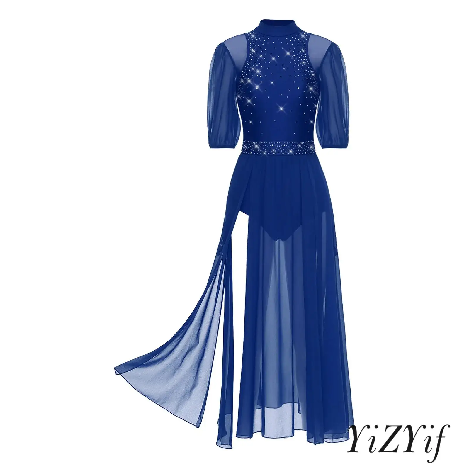 

Womens Stage Performance Half-Sleeve Dress Button Crotch Sparkly Rhinestones Mesh Hem for Modern Lyrical Dance Shows Daily Wear