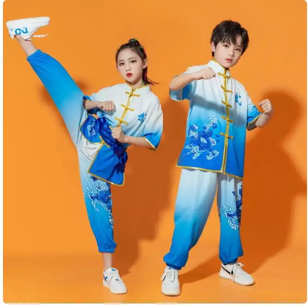 Roupas de artes marciais infantis de duas peças, uniforme de treinamento, estilo chinês, roupas de performance para meninos e meninas