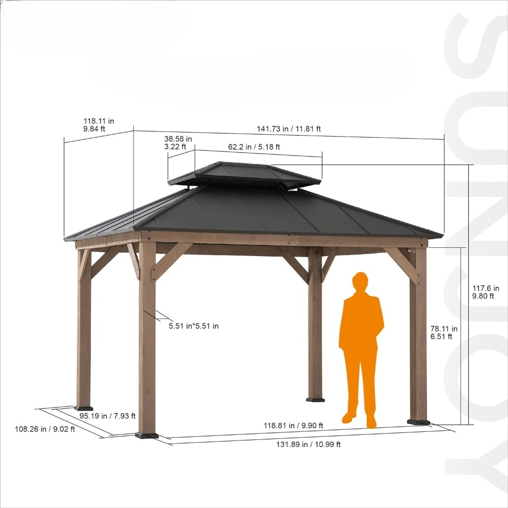 10 x 12 foot cedar framed wooden pavilion with double layered metal roof suitable for backyard dark brown roof 