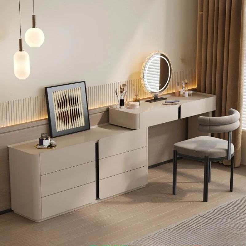 

Modern Dressing Table Vanity Set Vanities Desk with LED Smart Mirror and Drawers Table with Glass Countertop and Makeup Stool