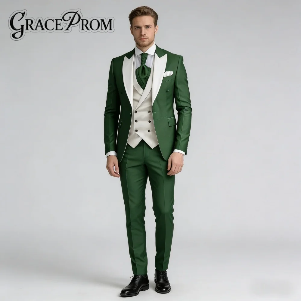 Green White Contrast Color For Men Wedding Formal Shawl Lapel 3PCS Suit Groom Suit Set Jacket Vest Pants Occasion Customized