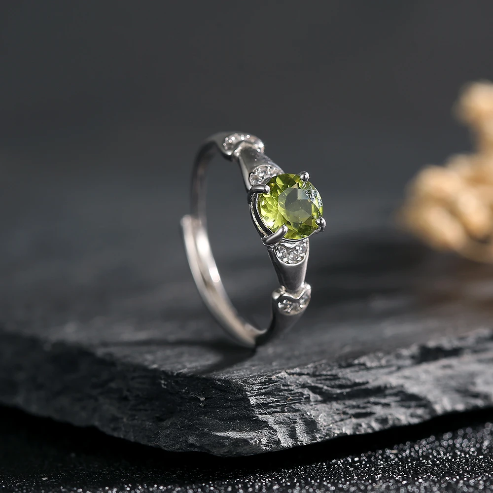 Genuine Sterling 925 Silver Women's Ring Inlaid with 6mm Natural Peridot Gems Stone Birthstone Unique Engagement Jewelry Gifts