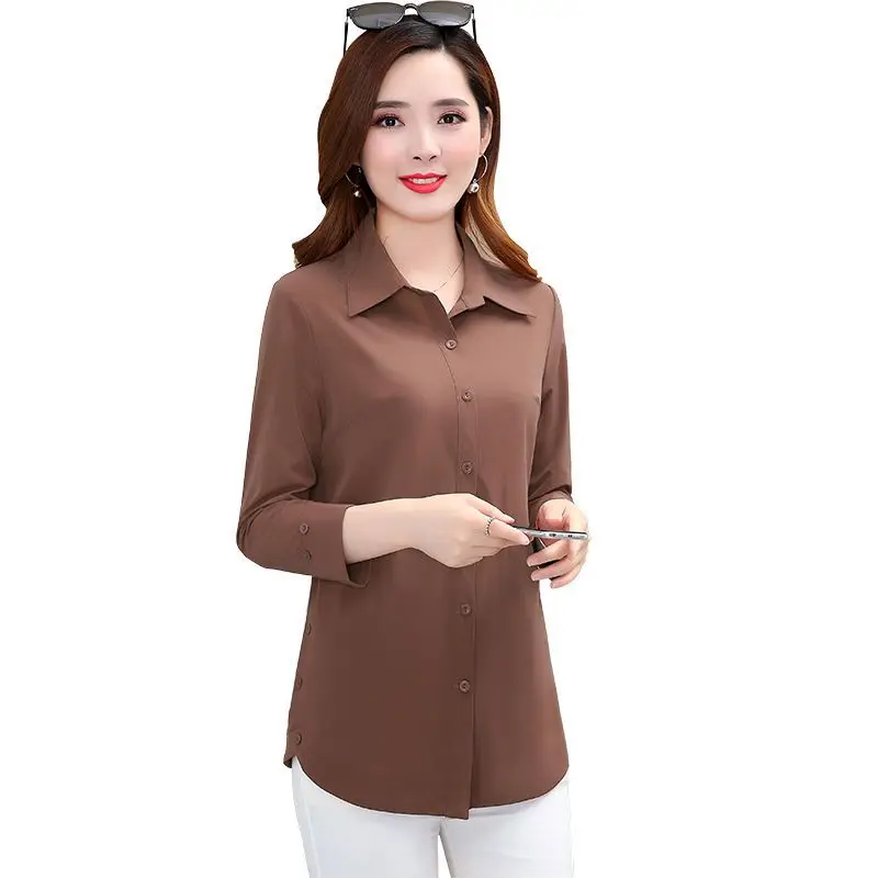 Korean Solid Color Casual Ladies Clothes 2023 Spring New POLO Collar Tops Women Single Breasted Long Sleeve Shirt