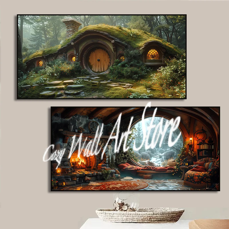 H-Hobbit Hole House Canvas Painting Art Print Fantasy Cottagecore Landscape Wall Art, Nature Countryside Living Room Home Decor