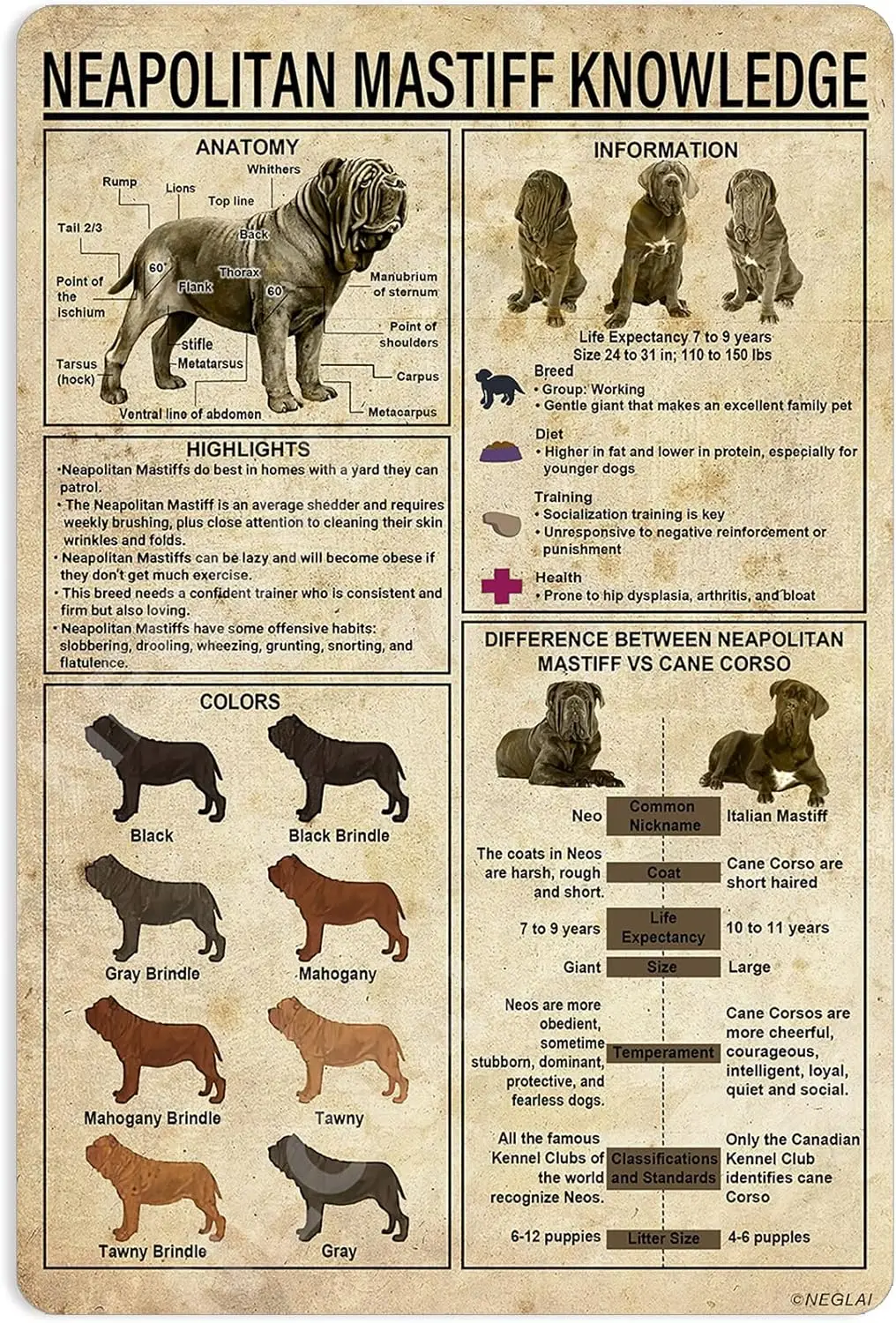 Neapolitan Mastiff Knowledge Metal Signs Poster, Vintage Wall Decor Farmhouse Decorations 16x12 Inches