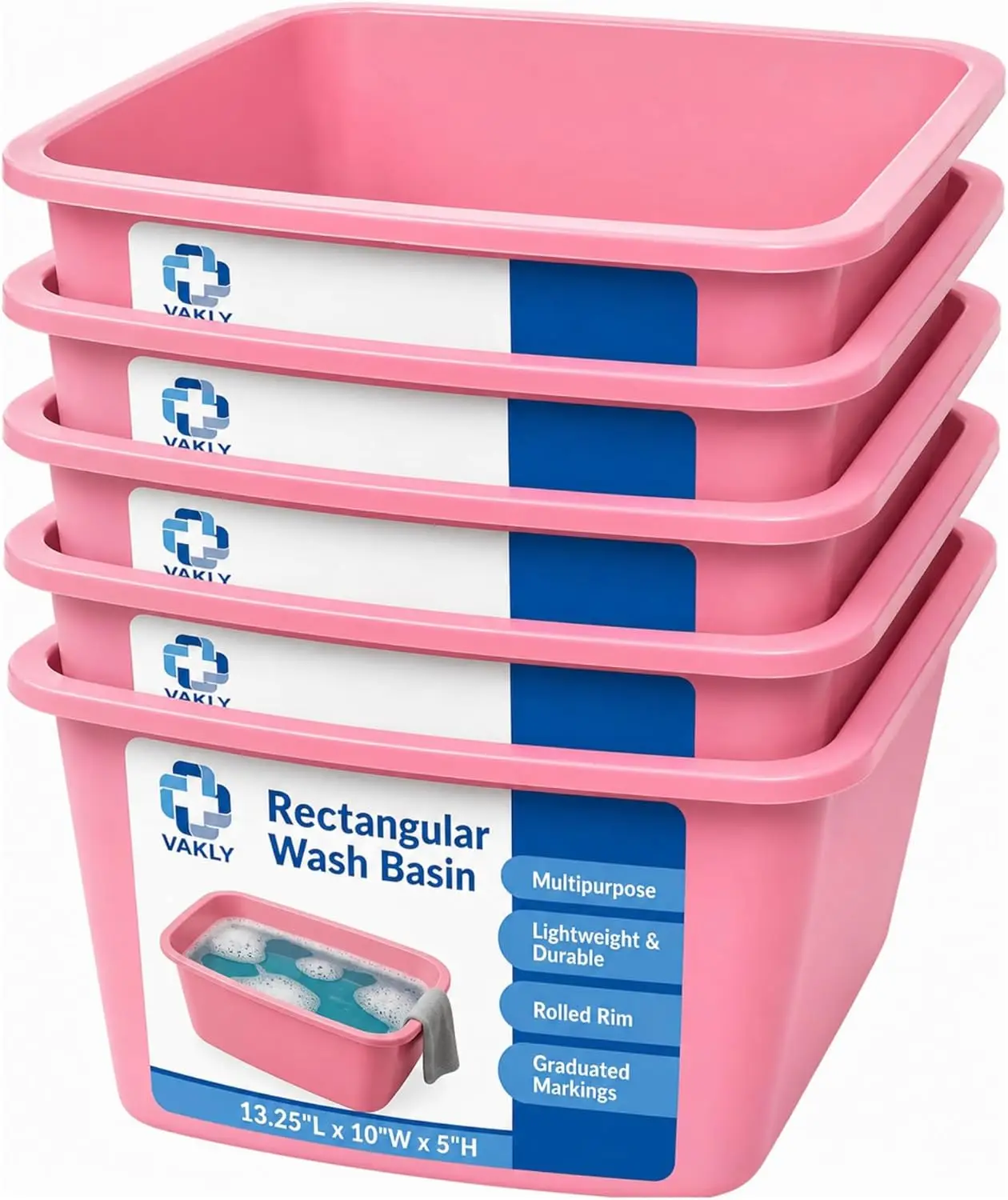 

Wash Basin 7-Quart [5 Pack] Pink Rectangular Plastic Tub with Graduated Markings for Face Washing, Foot Bath, Laundry