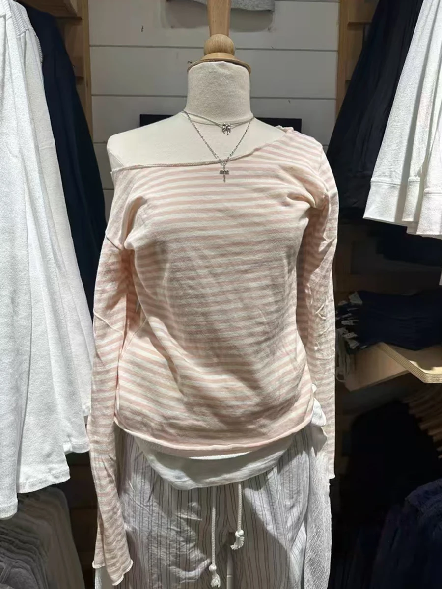 Pink Striped Sweet Long Sleeve T-shirts Women Sexy Slash Neck Cotton Raw Trim Slim T Shirt Vintage Preppy Style Summer Tees Y2k