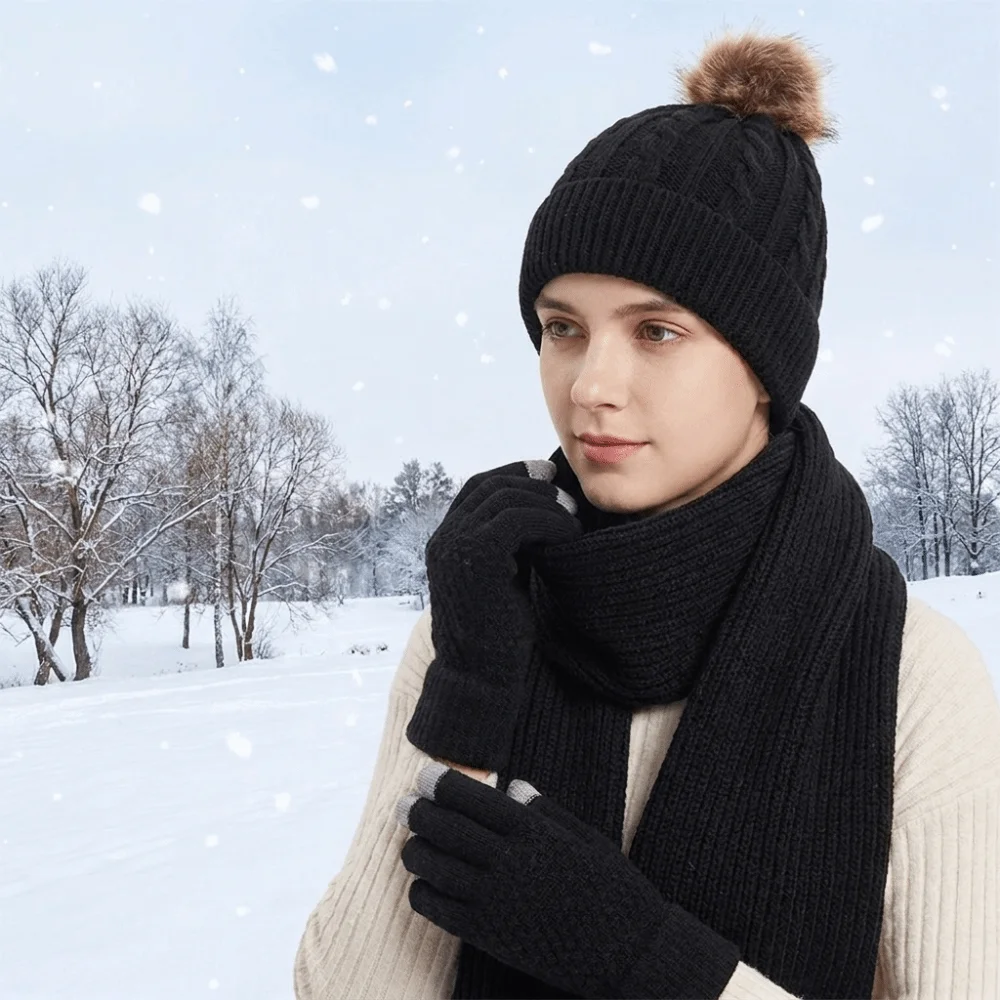 3Pcs/Set Cold Proof Scarf Hat Gloves Set Touch Screen Warmer Mittens Woolen Hat Thickened Soft Pullover Cap Windproof