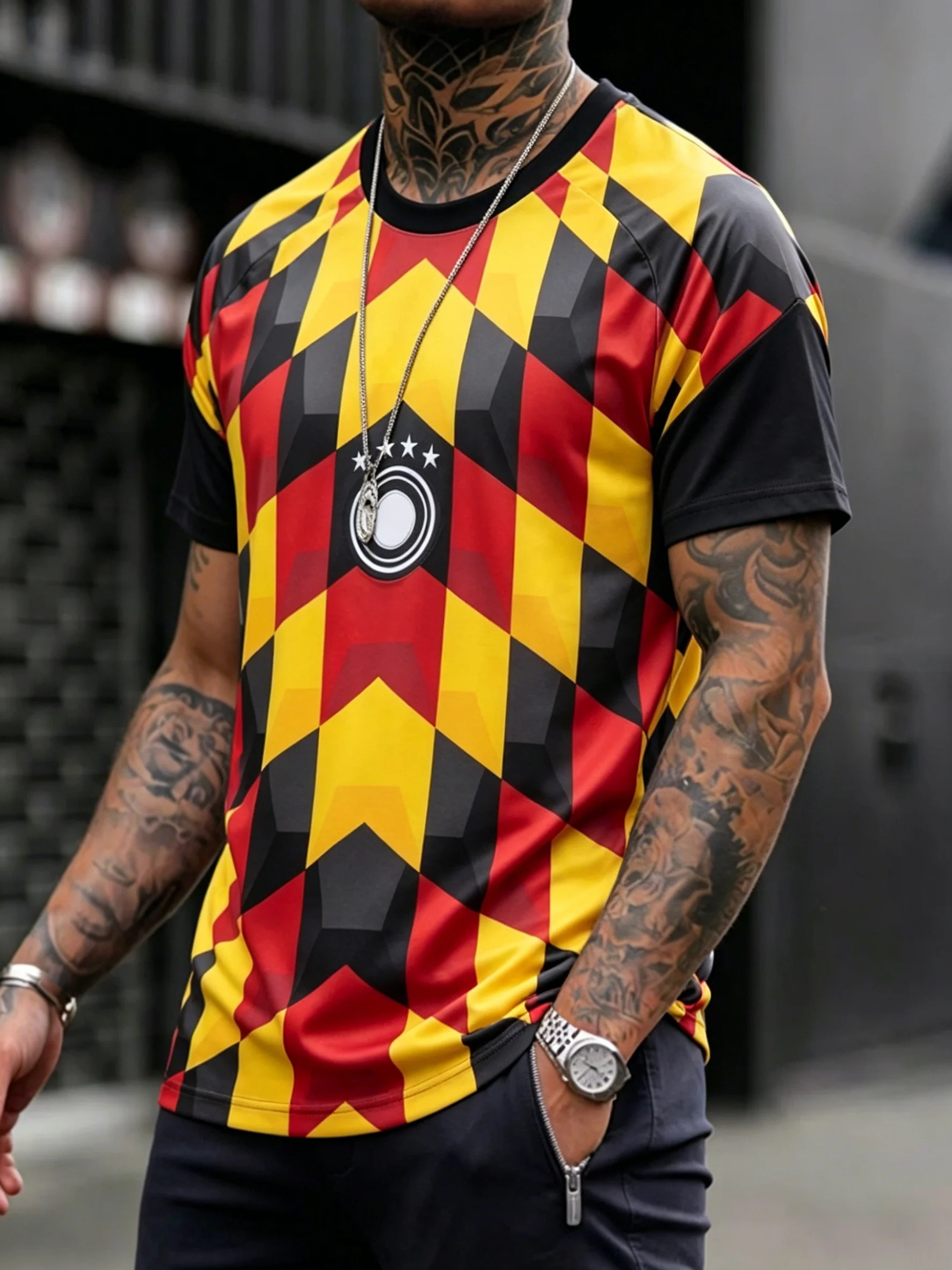 Herren Deutschland 2026 Schwarz Kariertes Trikot Fußball Sommer Rundhals Komfort Atmungsaktiv Kurzarm Unisex – Detail 2