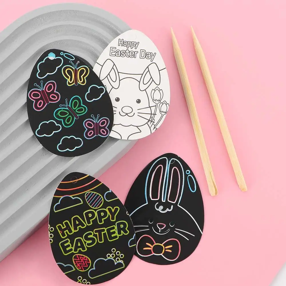 Kids Colourful Scratching Egg Set Creative Graffiti Painting Scratch Cards Hanging Decorations With Bamboo Pen Scratch Painting