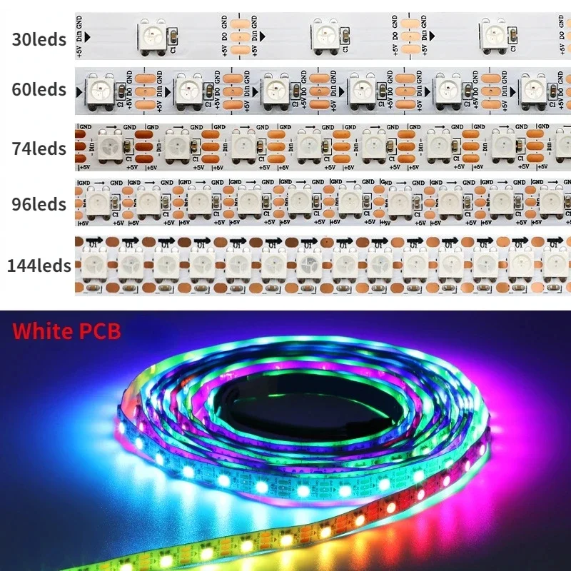 LEDストリップライト,個別にアドレス指定可能,PCB,クリスマスデコレーション,dc5v ws2812b,30, 60, 74, 96, 144 LED m,ip30,65, 67,白,黒,1m