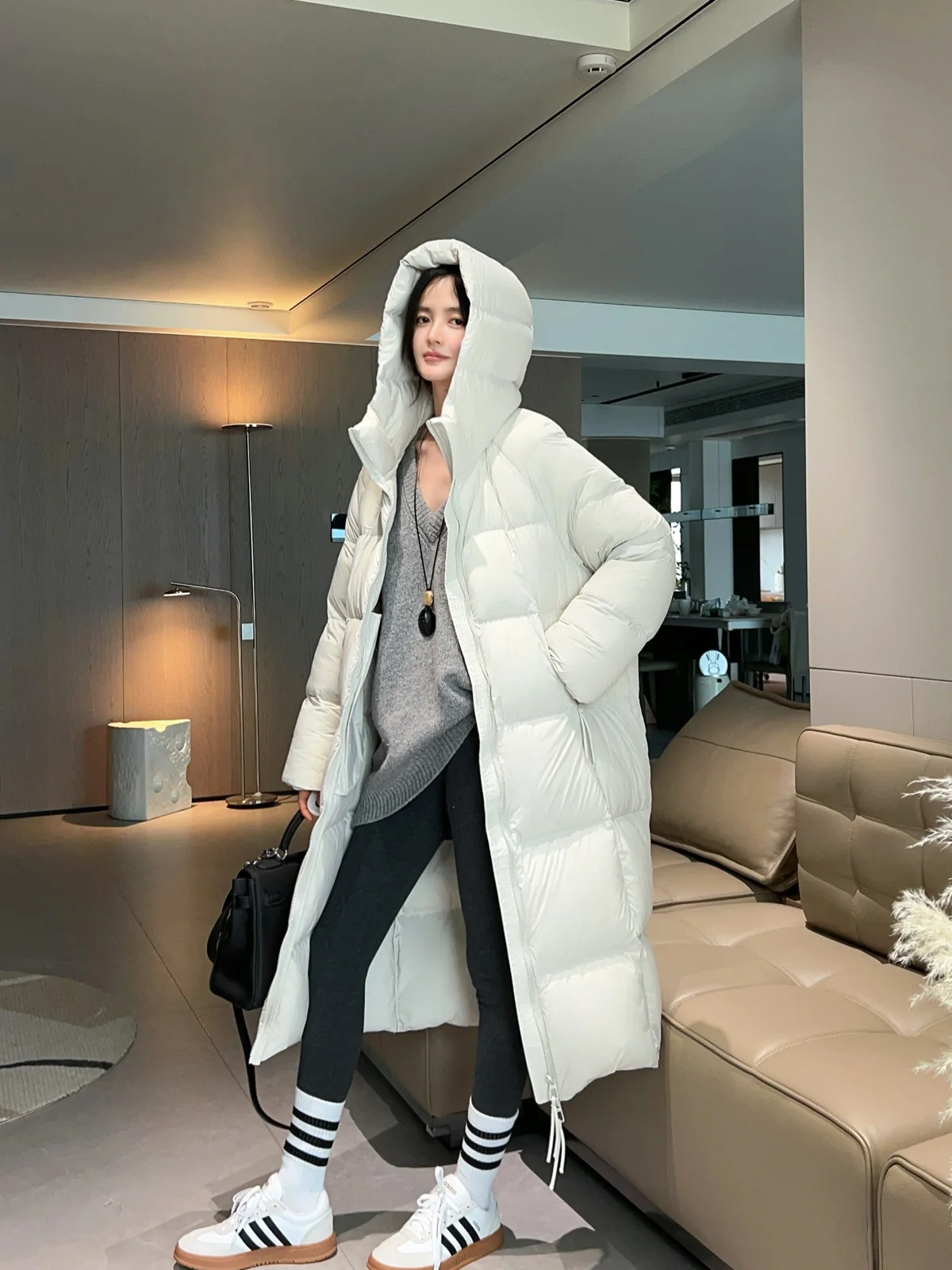 

Long Puffer Jaet Women's Casual Loose Goose down Coat Hooded 90% White Goose Feather Warm Thiened Zipper Closure Daily Wear