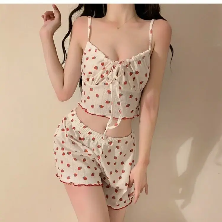 2023 New Pure Desire Sweet Small Pajama Set Women\'s Net Red Strawberry Printing Soft Glutinous Home Furnishing Two Piece Set