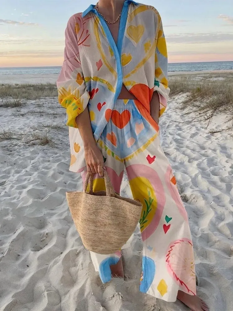 

Fashion Shirt Lapel Long Sleeve Top + Wide-leg Pants 2-piece Set For Women High Street Summer Marine Elements Print Suit Female