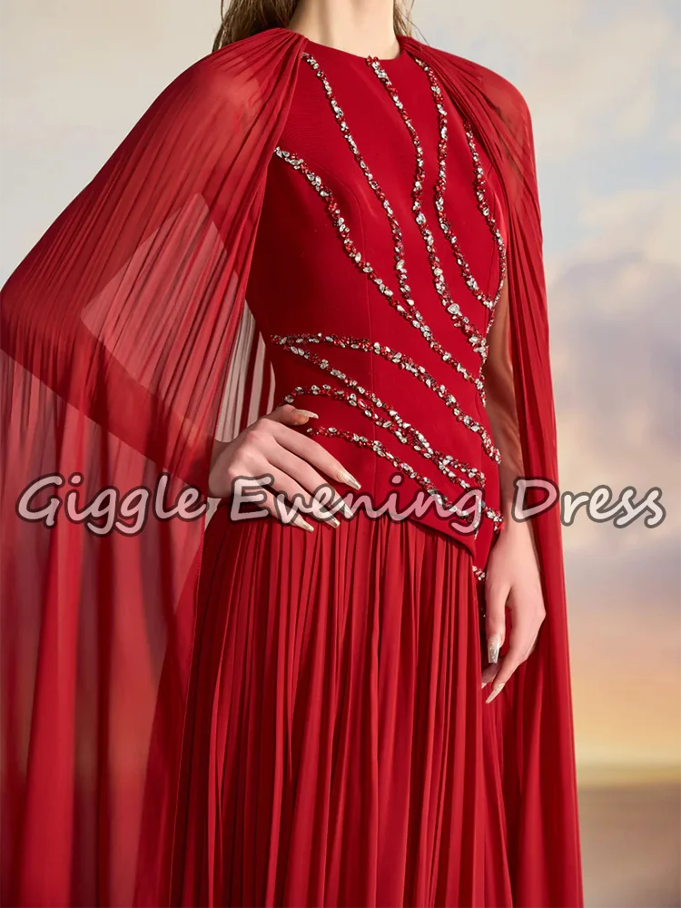 Giggle elegante vestido de noche rojo de gasa con cuello redondo drapeado manga casquillo rebordear vestido de ocasión Formal de graduación de lujo personalizado