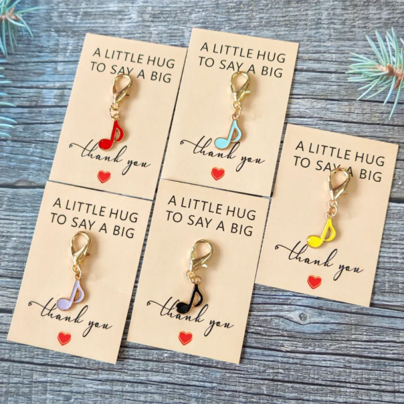 5mixed colors Music note necklace Keychain with Inspirational Thank You Card Please carry this card with you，She will accompany