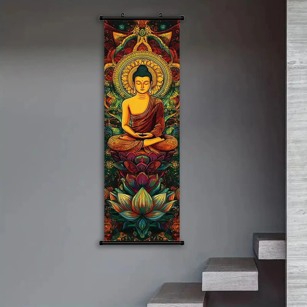VIKAMA Buddha on Lotus Colorful 3 Piece Wall Scroll Tapestry Set Boho Mandala Poster Wall Decor Gift for Living Room Office