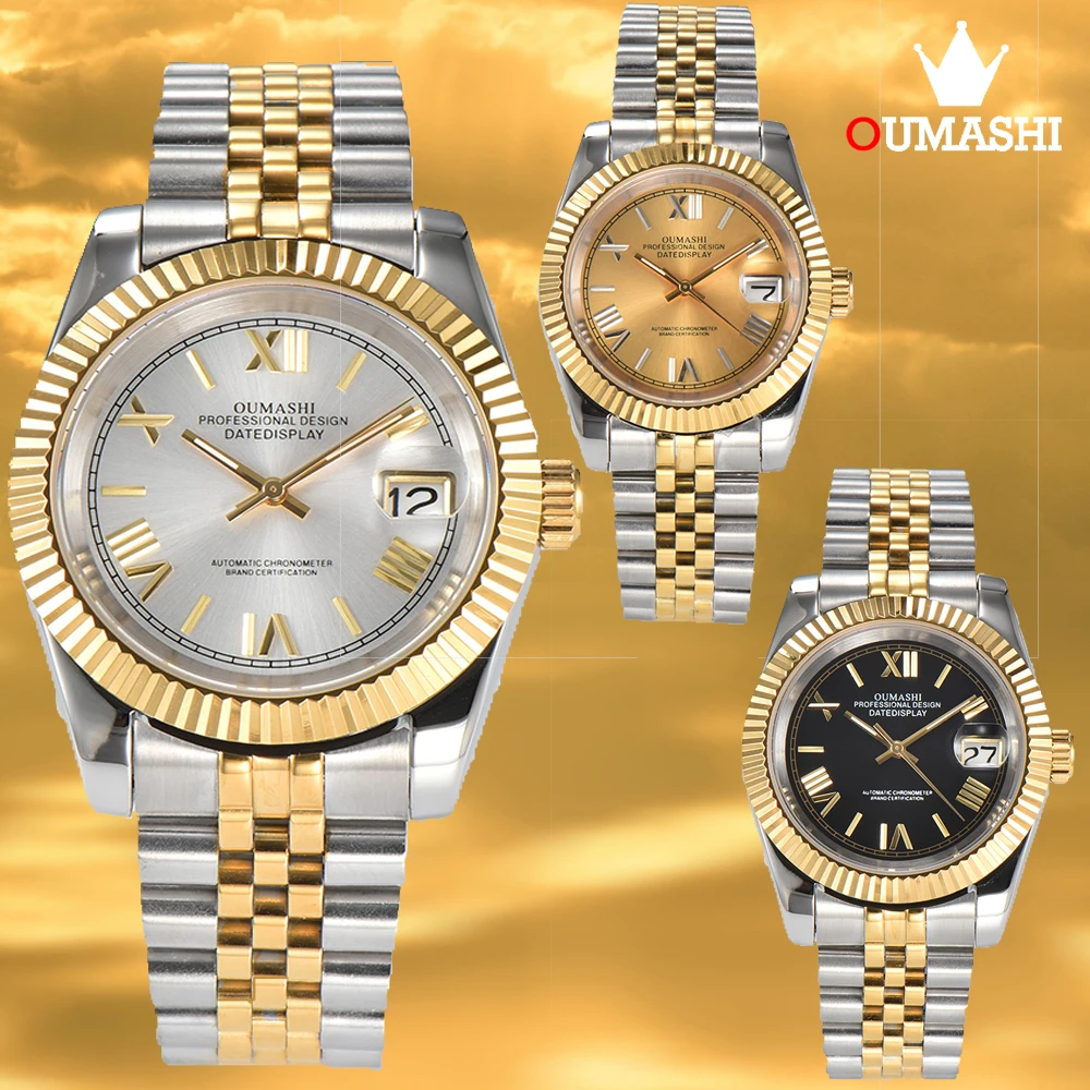 

OUMASHI 39mm/36mm Automatic Mechanical Watch NH35 Automatic Movement Silver-Gold Case Waterproof 10 ATM Sapphire Glass