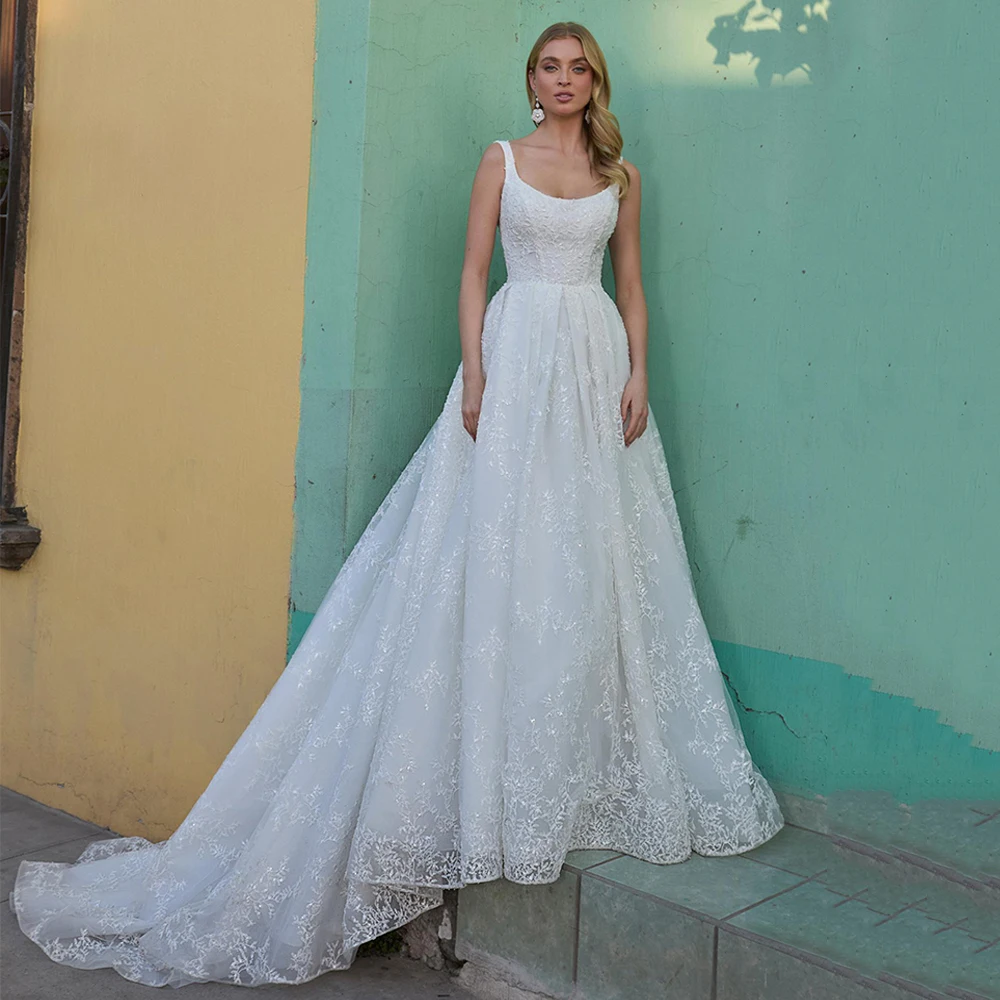 Sexy kanten trouwjurk op maat gemaakte ronde hals spaghettibandjes sweep trein open rug vestidos de novia bruidsjurk
