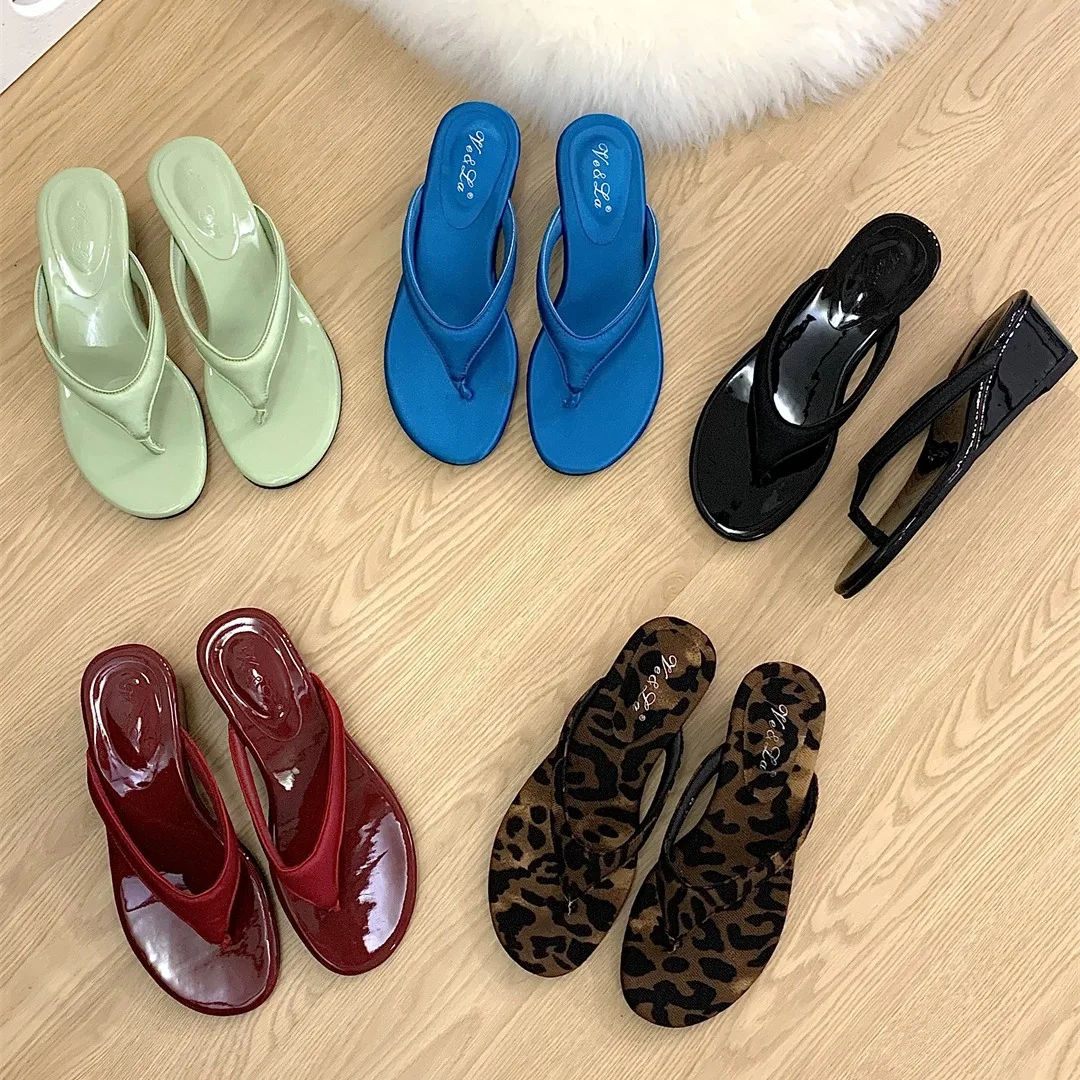 Shoes Woman\'s Slippers Low On A Wedge Rubber Flip Flops Slides Heeled Mules 2024 Leopard Summer Hawaiian High Fabric Rome leopar