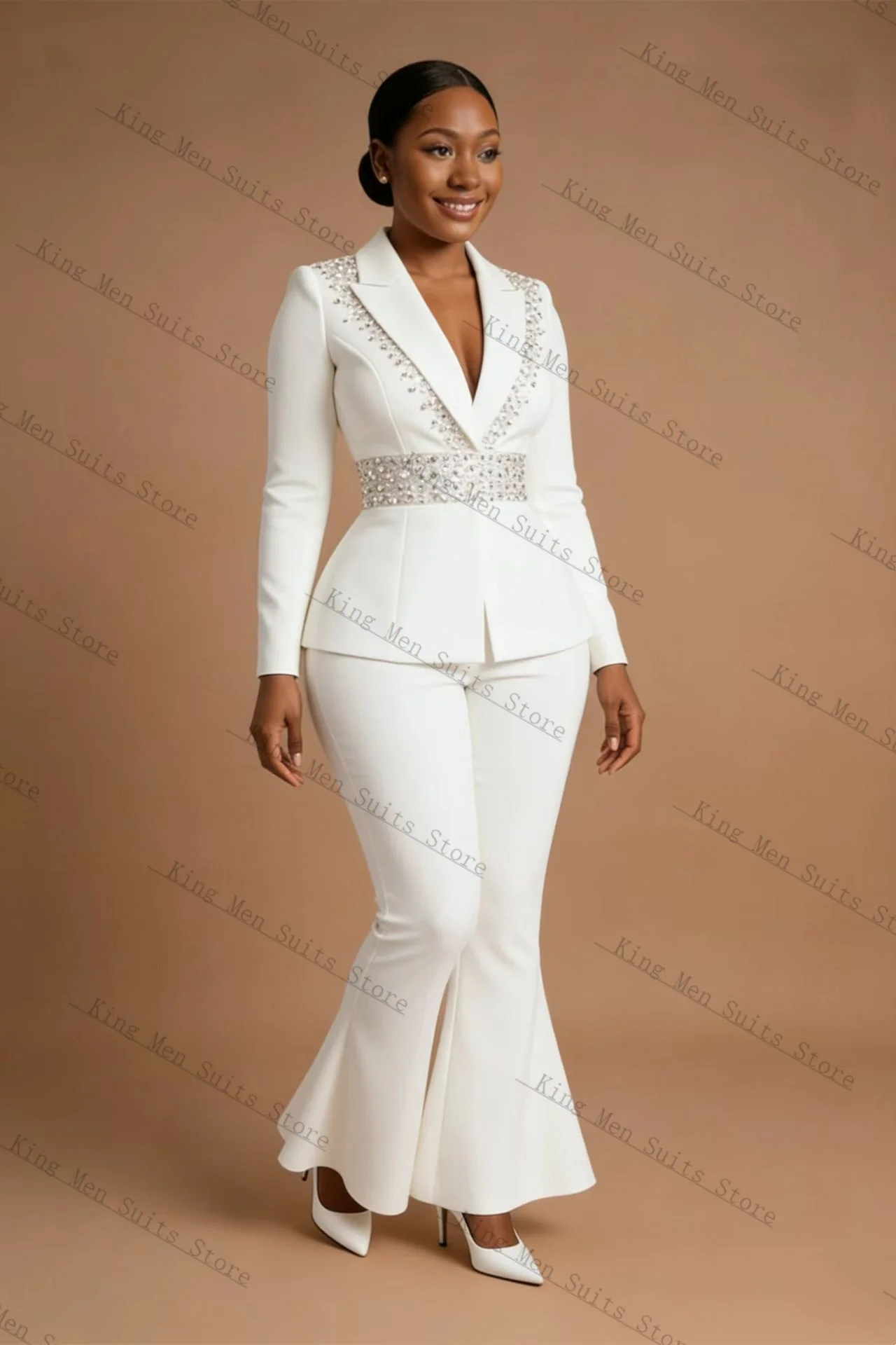 

White Women Suit Set 2 Pcs Crystals Blazer+Pants Spring Autumn Cotton Customized Formal Office Lady Wedding Tuxedos Coat Jacket