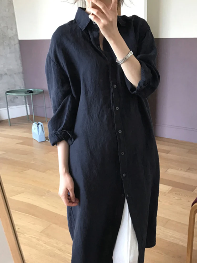 ZANZEA Korean Fashion Shirtdress Women Summer Lapel Neck Long Sleeve Loose Sundress Casual Solid Holiday Midi Dress Kaftan Robe