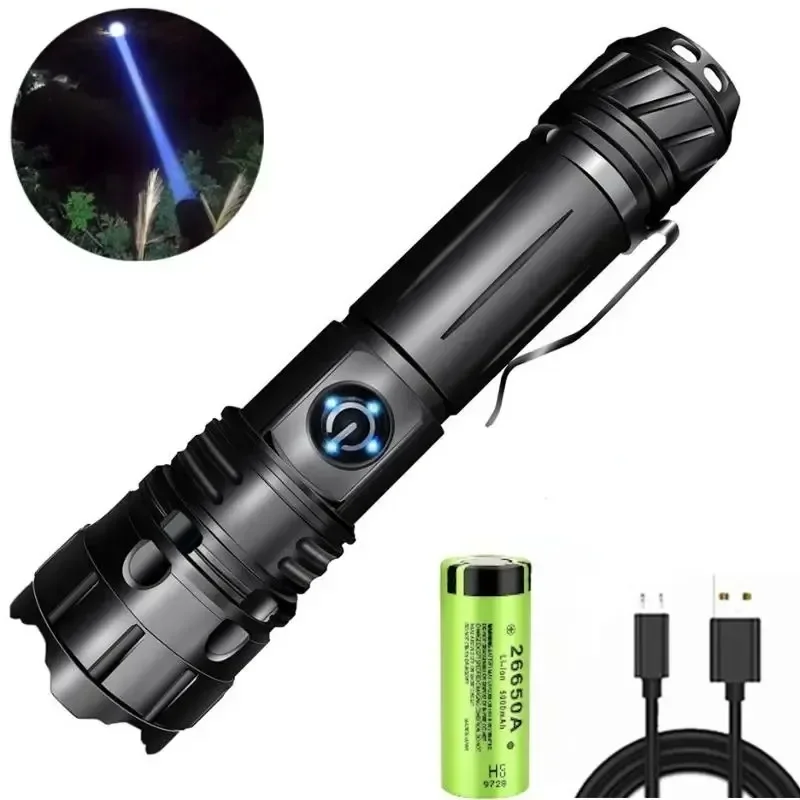

Мощный белый лазерный светодиодный фонарик, перезаряжаемый через USB, аварийный фонарь с дальним зумом и аккумулятором для наружного кемпинга, рыбалки