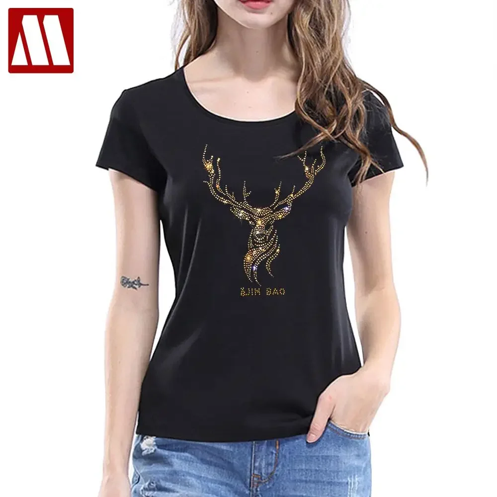 2024 Summer Cotton Deer Diamond Print T shirts Women Slim Fit Tops Blue Short Sleeve T-shirt Ladies Vibrant Tees O Neck  S-5XL