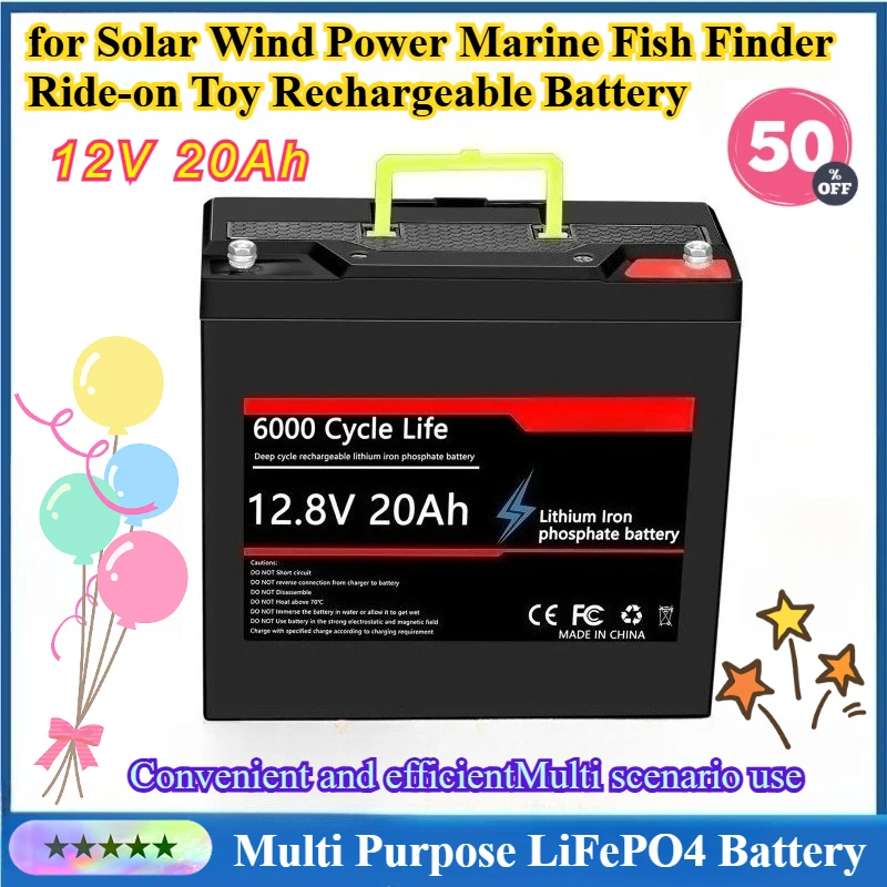 

New LiFePO4 Lithium Battery 12V 20Ah DeepCycle Rechargeable Battery with BMS for Solar Wind Power Marine Fish Finder Ride-on Toy