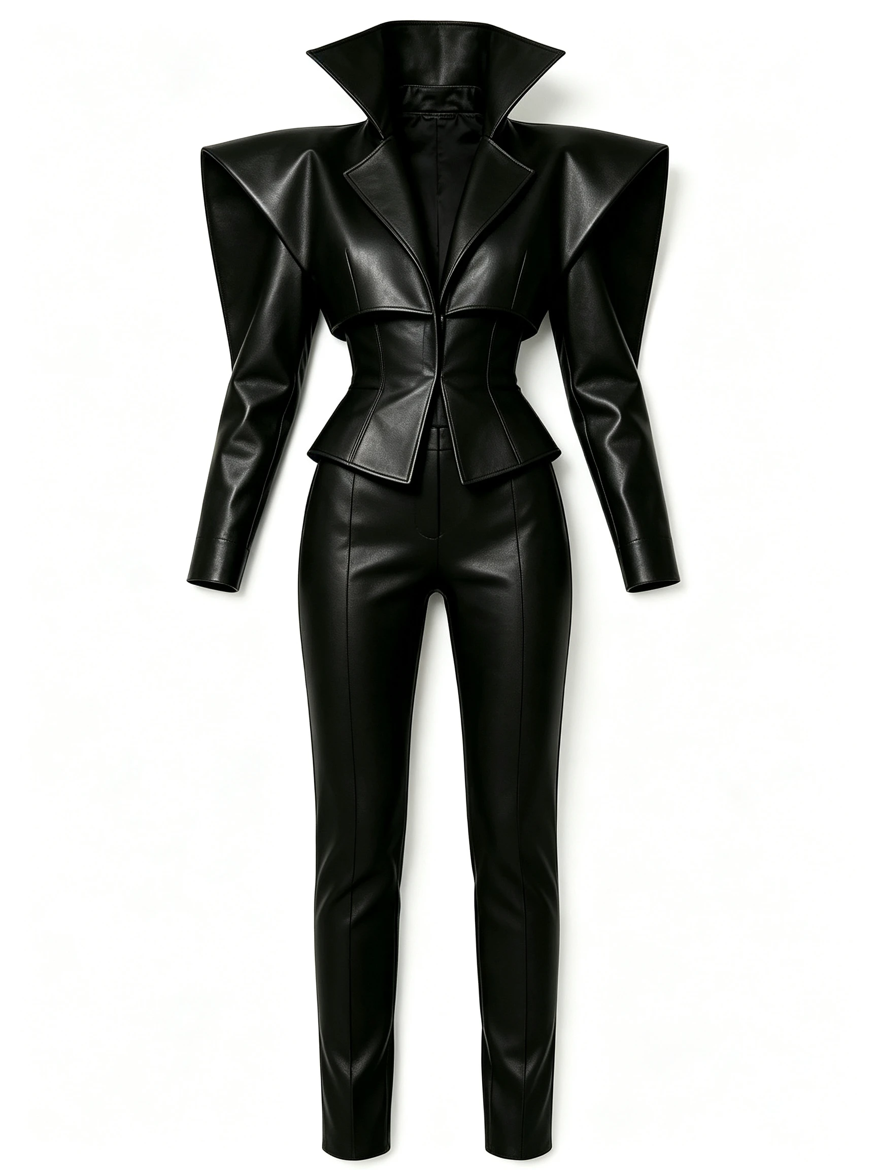 Luxury Black Faux Leather Two-Piece Set with Structured Shoulders and Peplum Waist